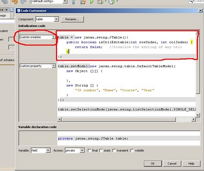 Disable jtable editing netbeans